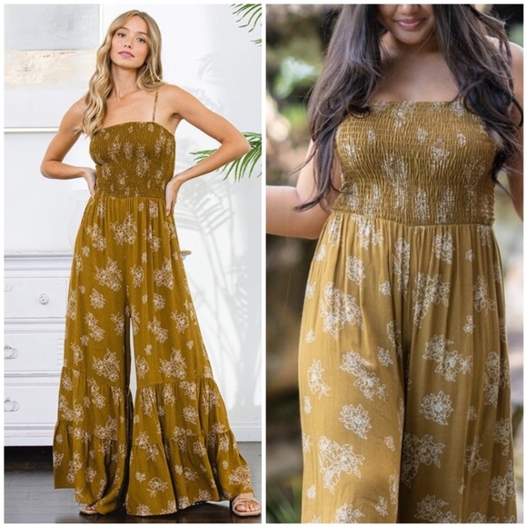 Only 1 Left: NWT Ces Femme Trendy Wide Leg Camel Boho Jumpsuit, 100% Rayon, Med - Picture 4 of 16